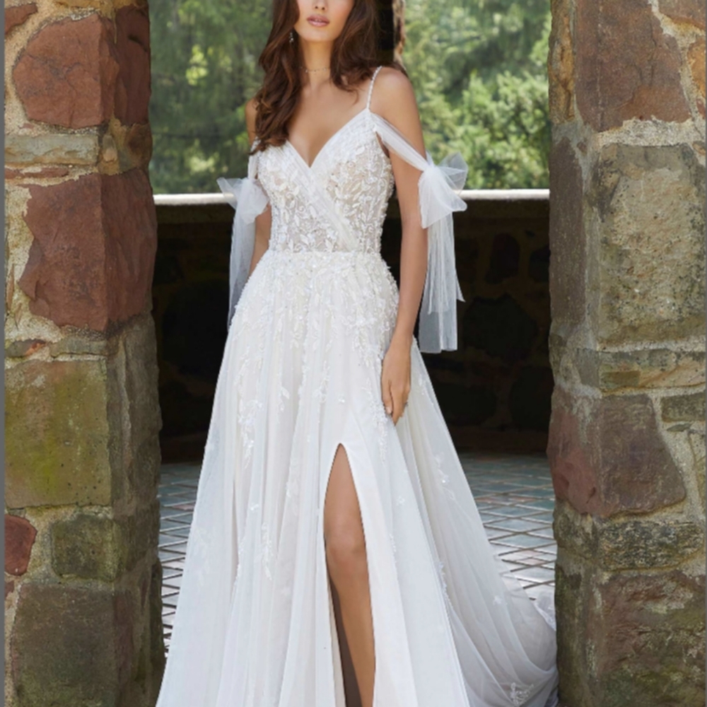 Mori Lee 5956 Daniela Porcelain Ivory High Slit Bow Straps Wedding Gown Size 14